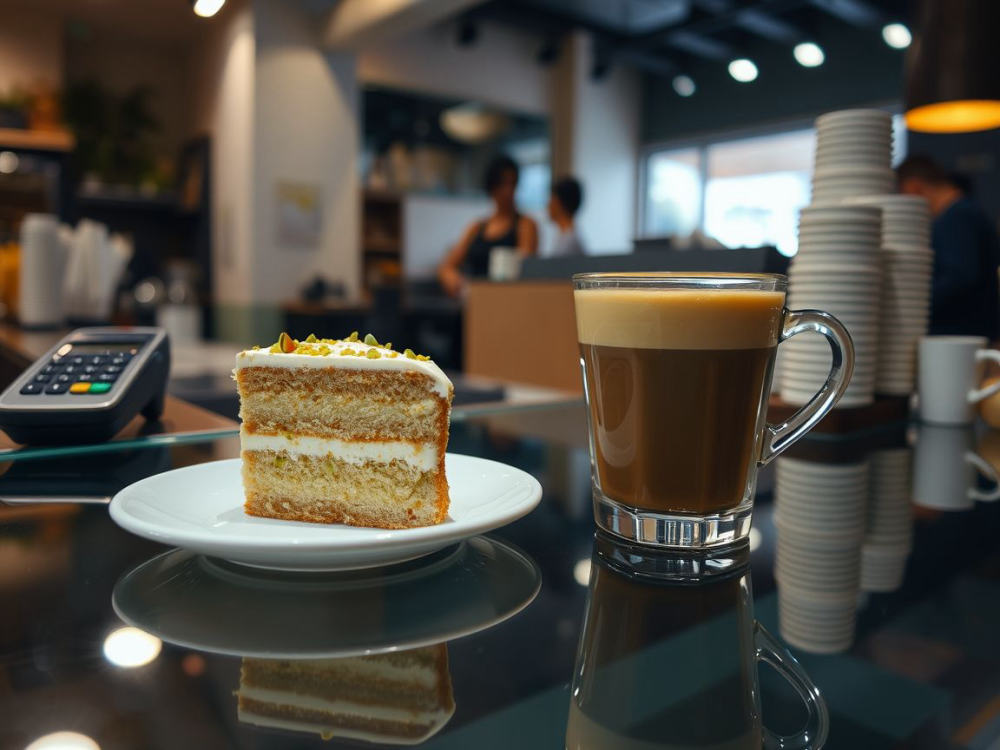 Pistachio slice & flat white as the venue's own phone photo